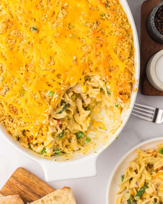 An overhead image of chicken noodle casserole.