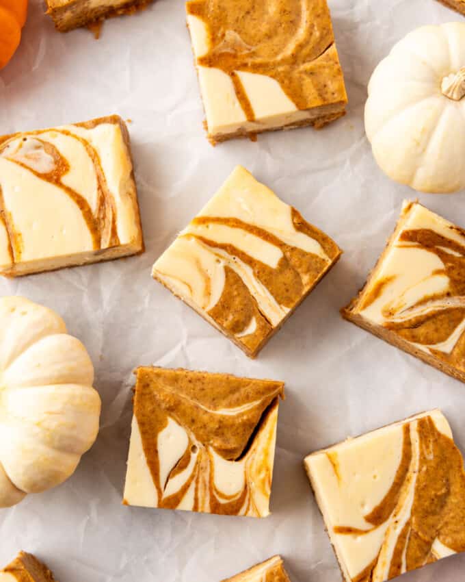 An overhead image of pumpkin cheesecake bars with mini white and orange pumpkins.