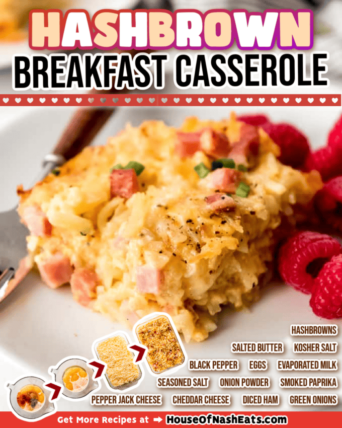 An image of hashbrown breakfast casserole with text overlay.