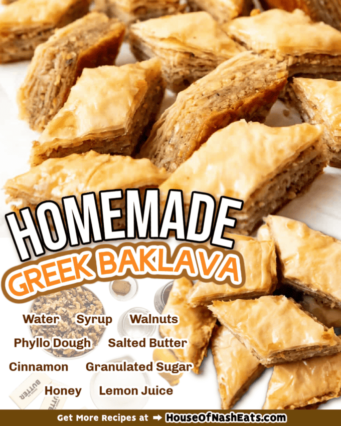 An image of homemade baklava with text overlay.