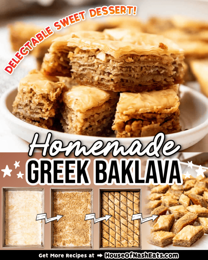 A collage of images of homemade baklava with honey and walnuts with text overlay.