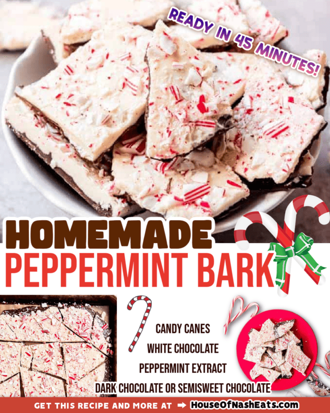 A collage of images of homemade peppermint bark with text overlay.