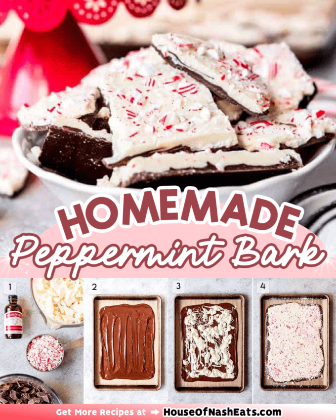 A collage of images of homemade peppermint bark with text overlay.