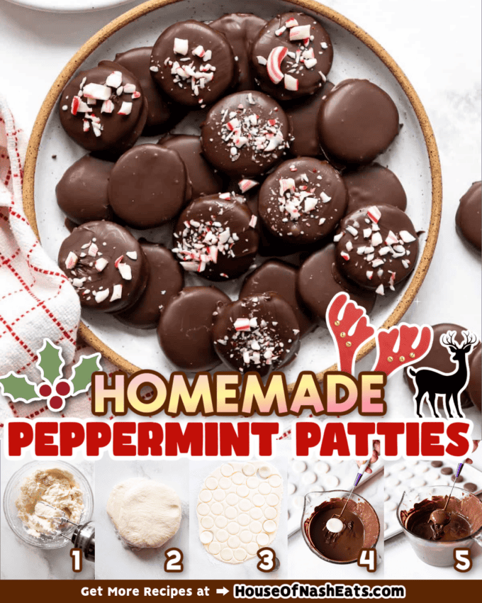 A collage of images of homemade peppermint patties with text overlay.