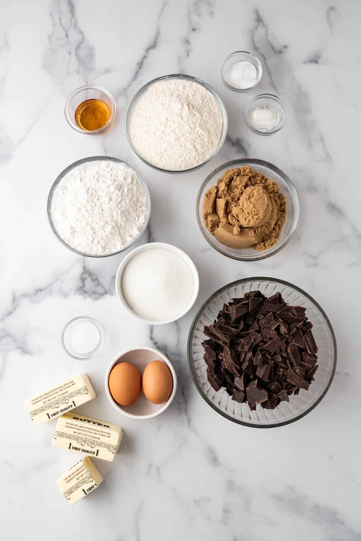 An overhead image of the ingredients for Jacques Torres chocolate chip cookies.