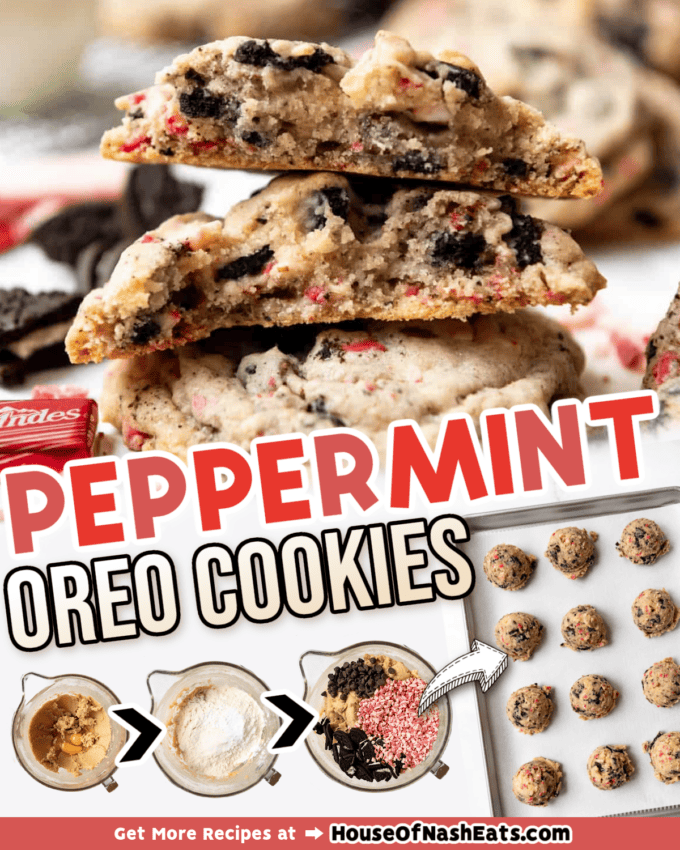 A collage of images of peppermint oreo cookies with text overlay.