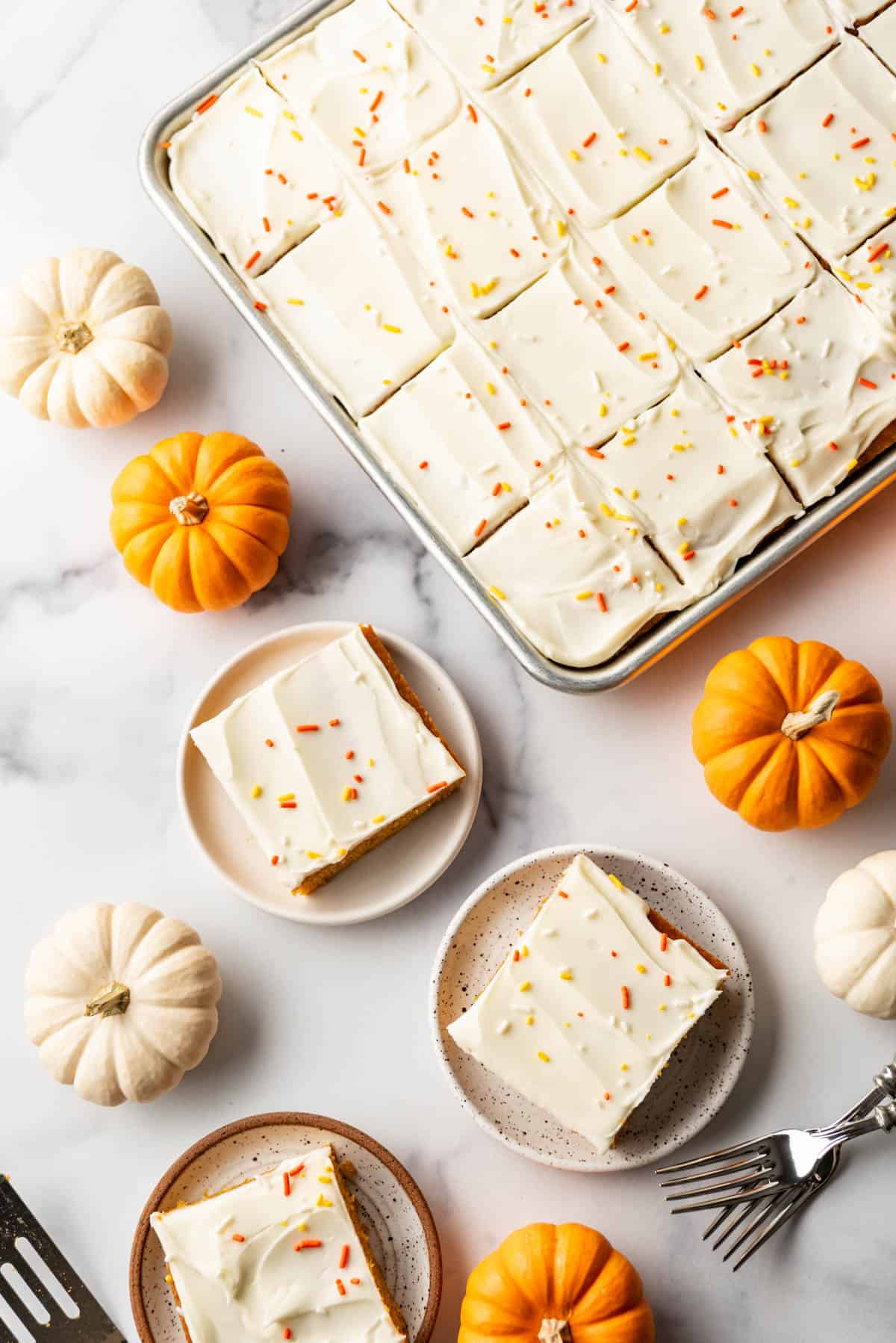 An image of pumpkin sheet bars with two sliced pieces set on plates surrounded by mini pumpkins.