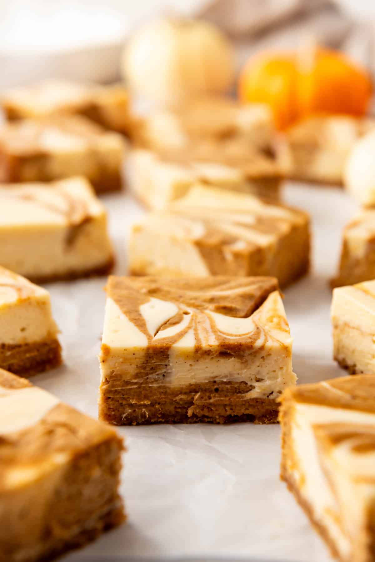 Creamy pumpkin cheesecake bars cut into squares.