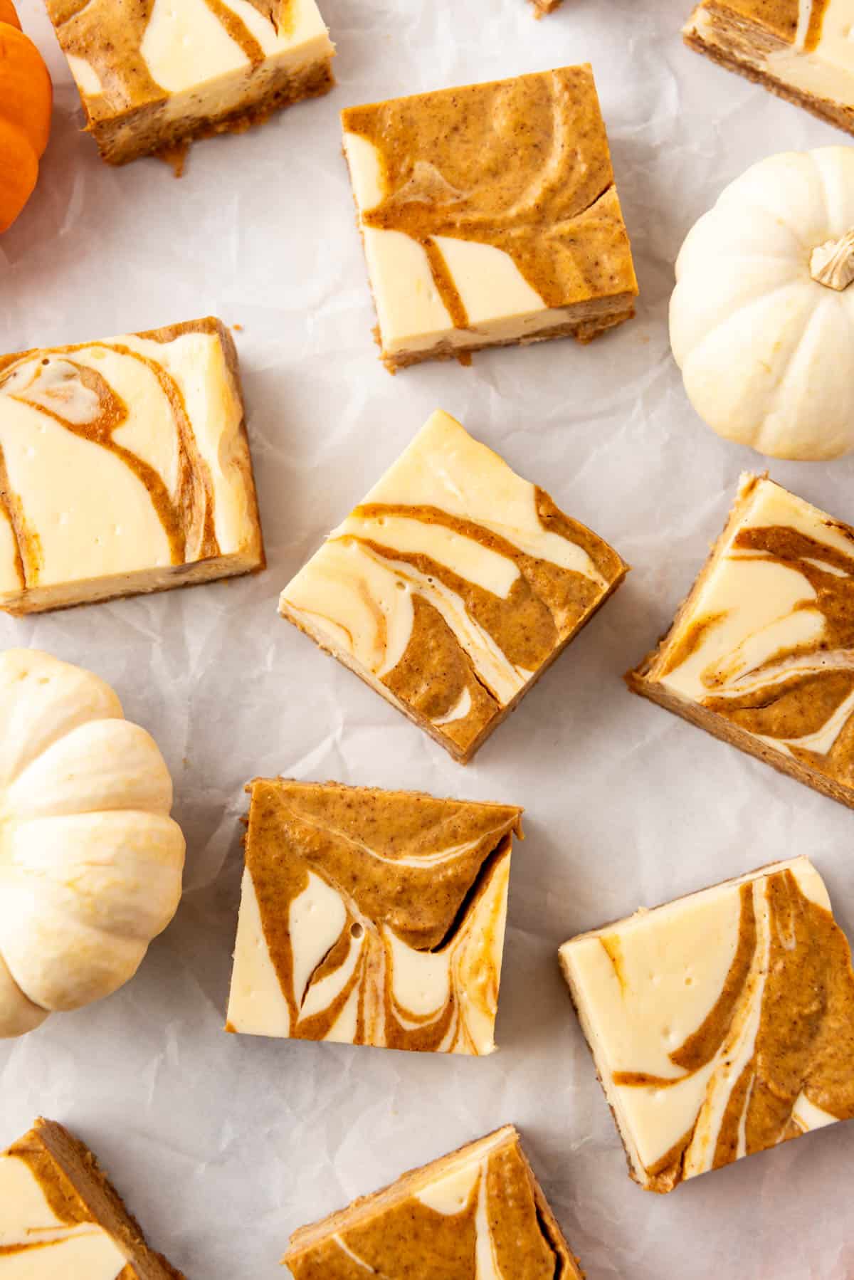 An overhead image of swirled pumpkin cheesecake bars next to white mini pumpkins.