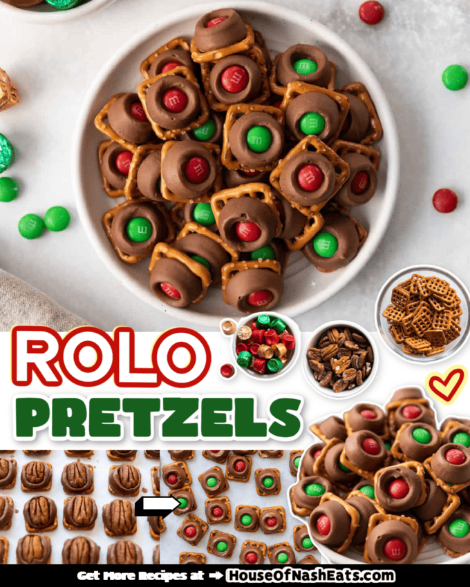 A collage of images of Rolo Pretzels with text overlay.