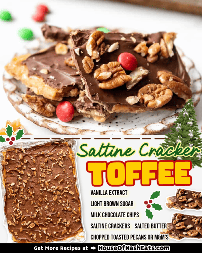 A collage of images of Saltine Cracker Toffee with text overlay.