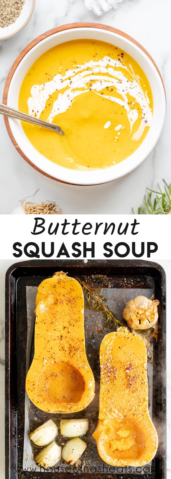 A collage of images of bowls of butternut squash soup and whole roasted butternut squash with text overlay.