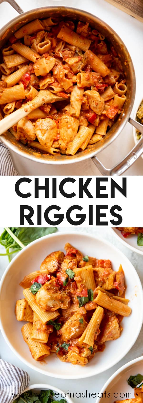 A collage of images of chicken riggies with text overlay.