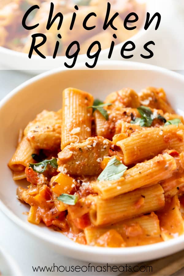 A bowl of chicken riggies with text overlay.
