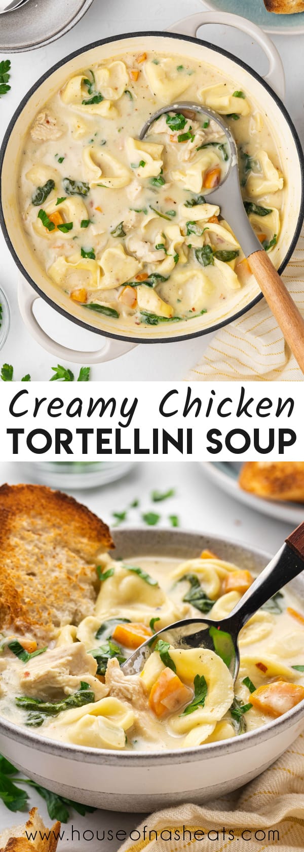 A collage of images of chicken tortellini soup with text overlay.