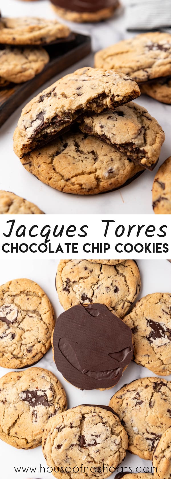 A collage of images of Jacques Torres chocolate chip cookies with text overlay.