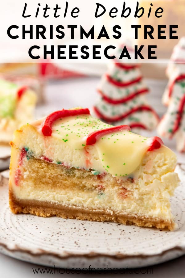 A slice of Little Debbie Christmas Tree Cheesecake with text overlay.