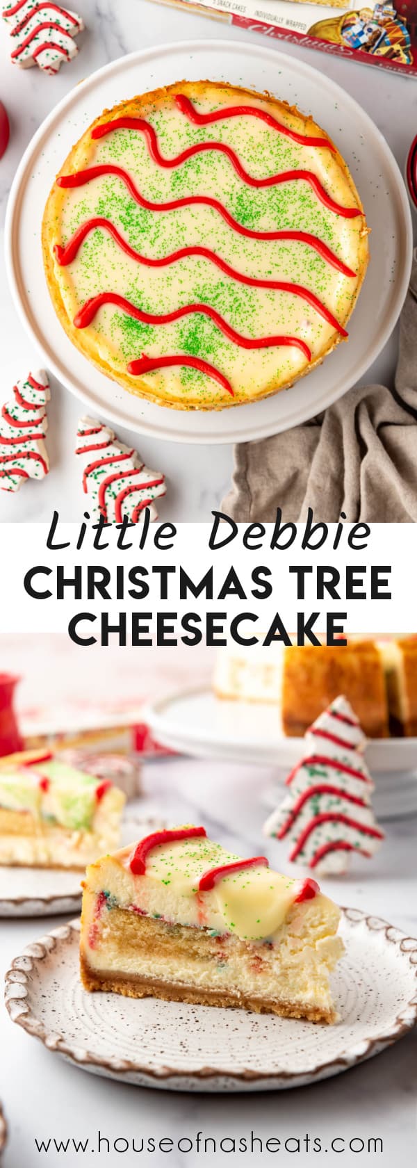 A collage of images of Little Debbie Christmas Tree Cheesecake with text overlay.