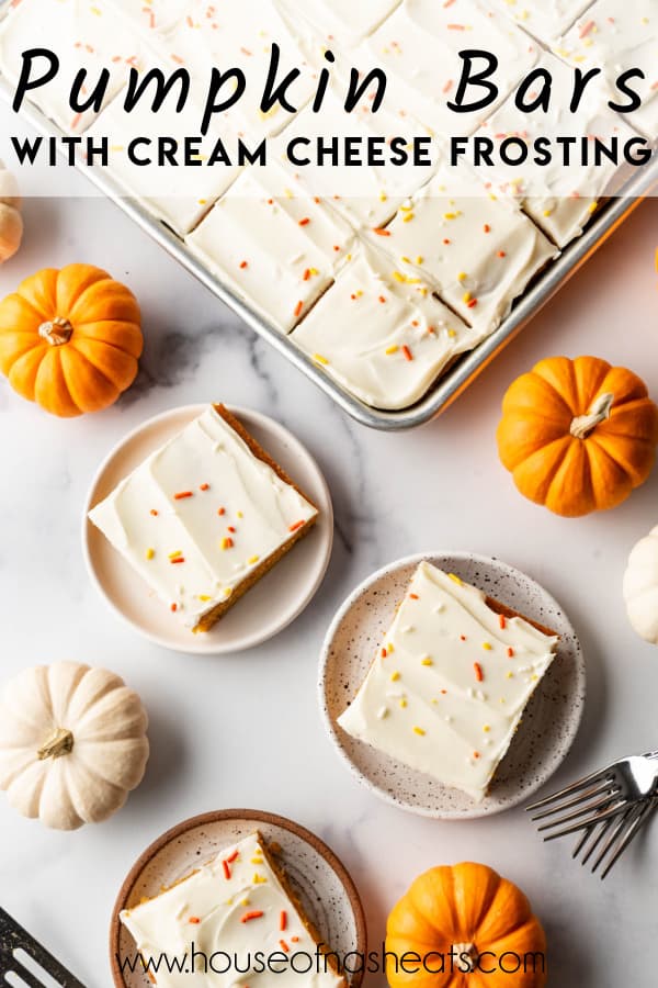 An overhead image of frosted pumpkin bars with text overlay.