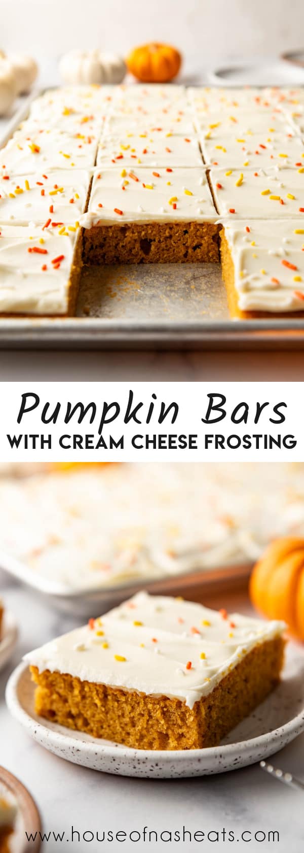 A collage of images of pumpkin bars with text overlay.