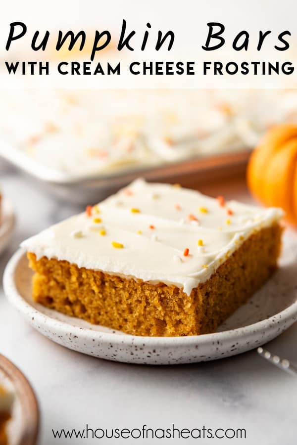 A pumpkin bar with cream cheese frosting on a plate with text overlay.