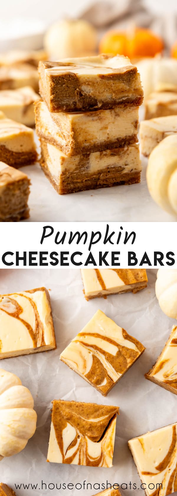 A collage of images of pumpkin cheesecake bars with text overlay.
