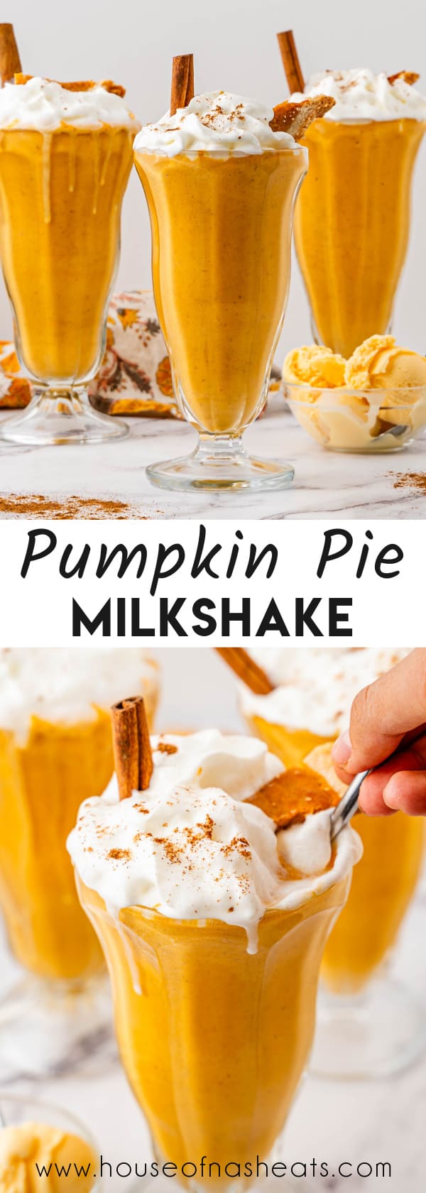 A collage of images of pumpkin pie milkshakes with text overlay.