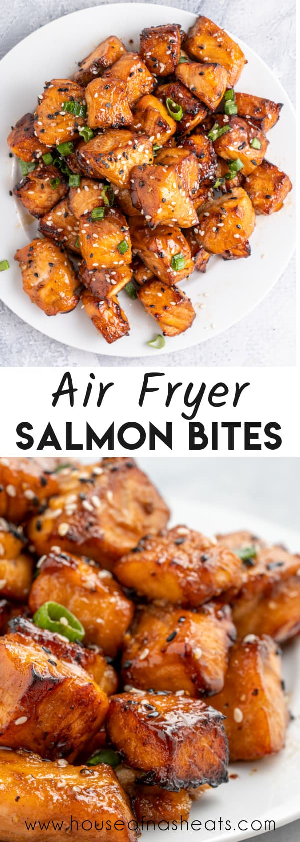 A collage of images of salmon bites with text overlay.