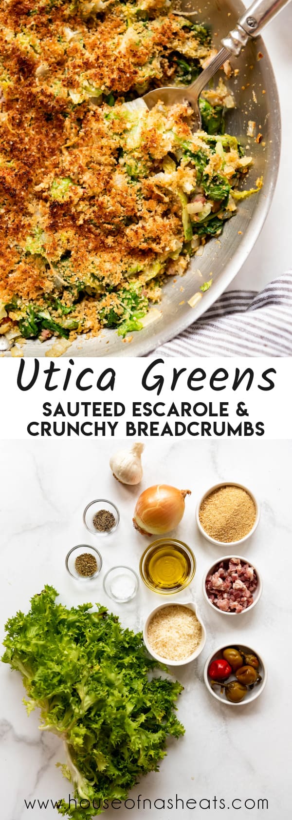 A collage of images of Utica greens with text overlay.
