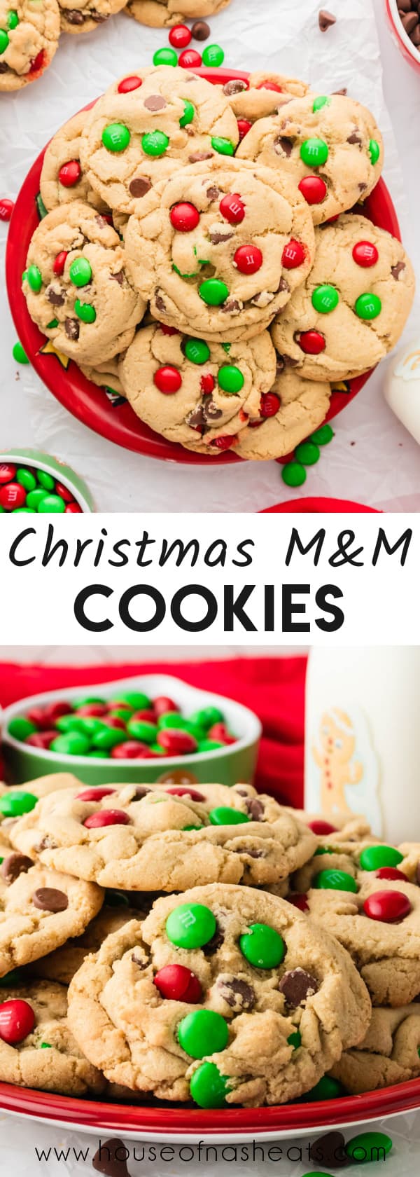 A collage of images of Christmas M&M cookies with text overlay.