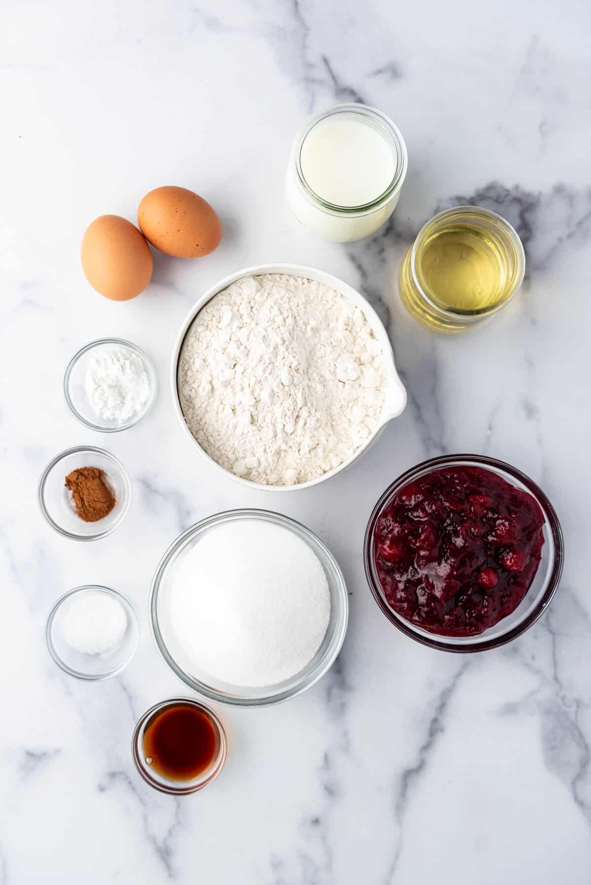 Ingredients for cranberry sauce muffins.