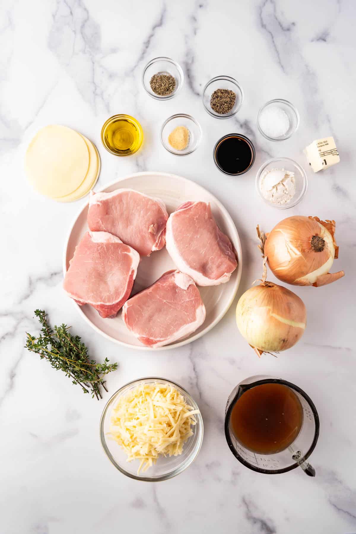 An overhead image of ingredients for making french onion pork chops.