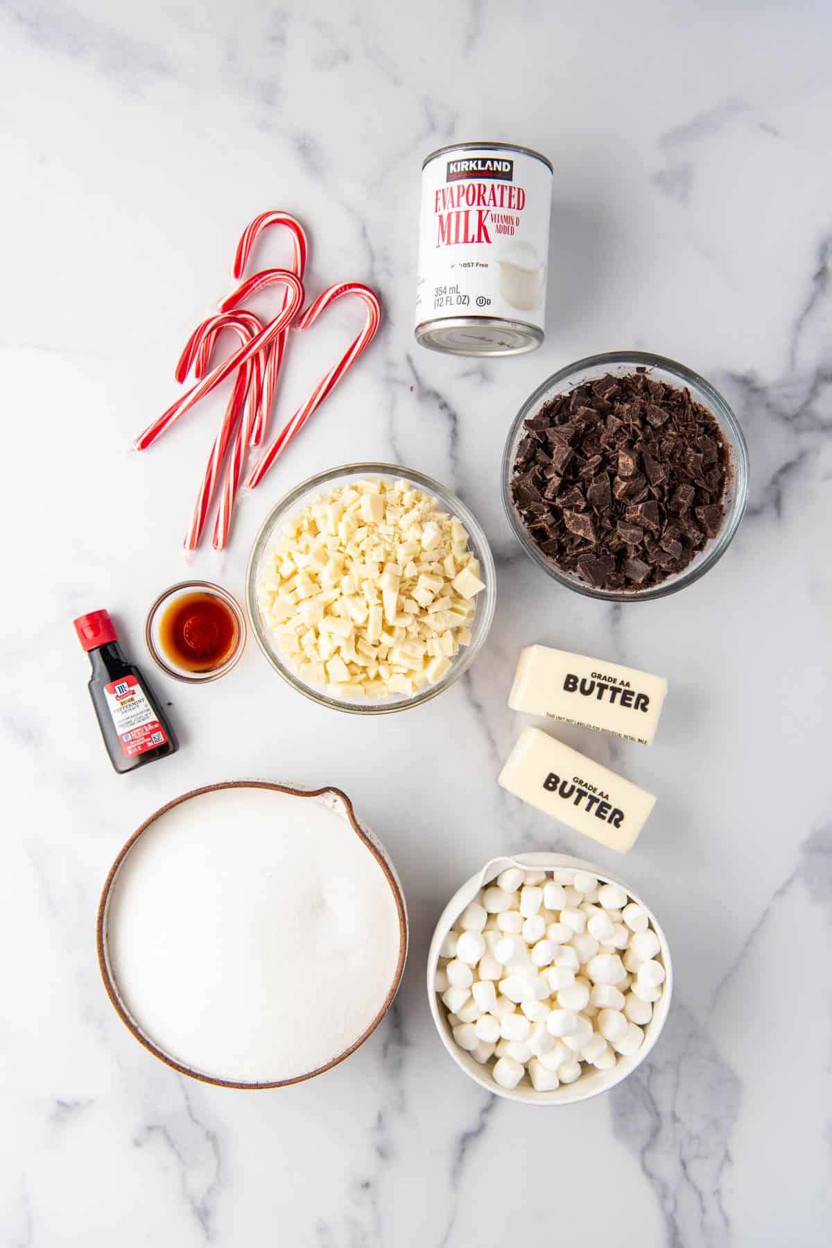 Ingredients for making peppermint bark fudge.