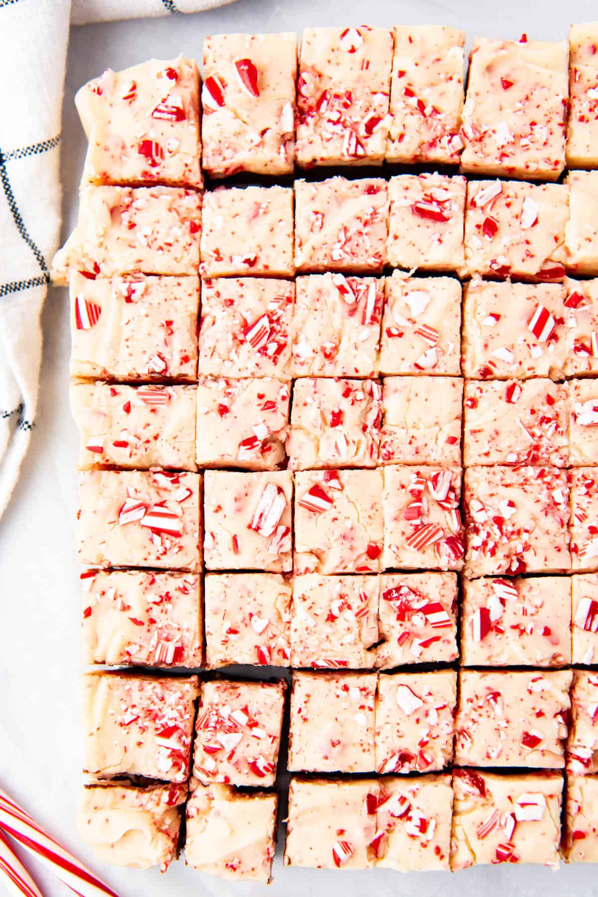 An overhead image of white chocolate peppermint fudge.