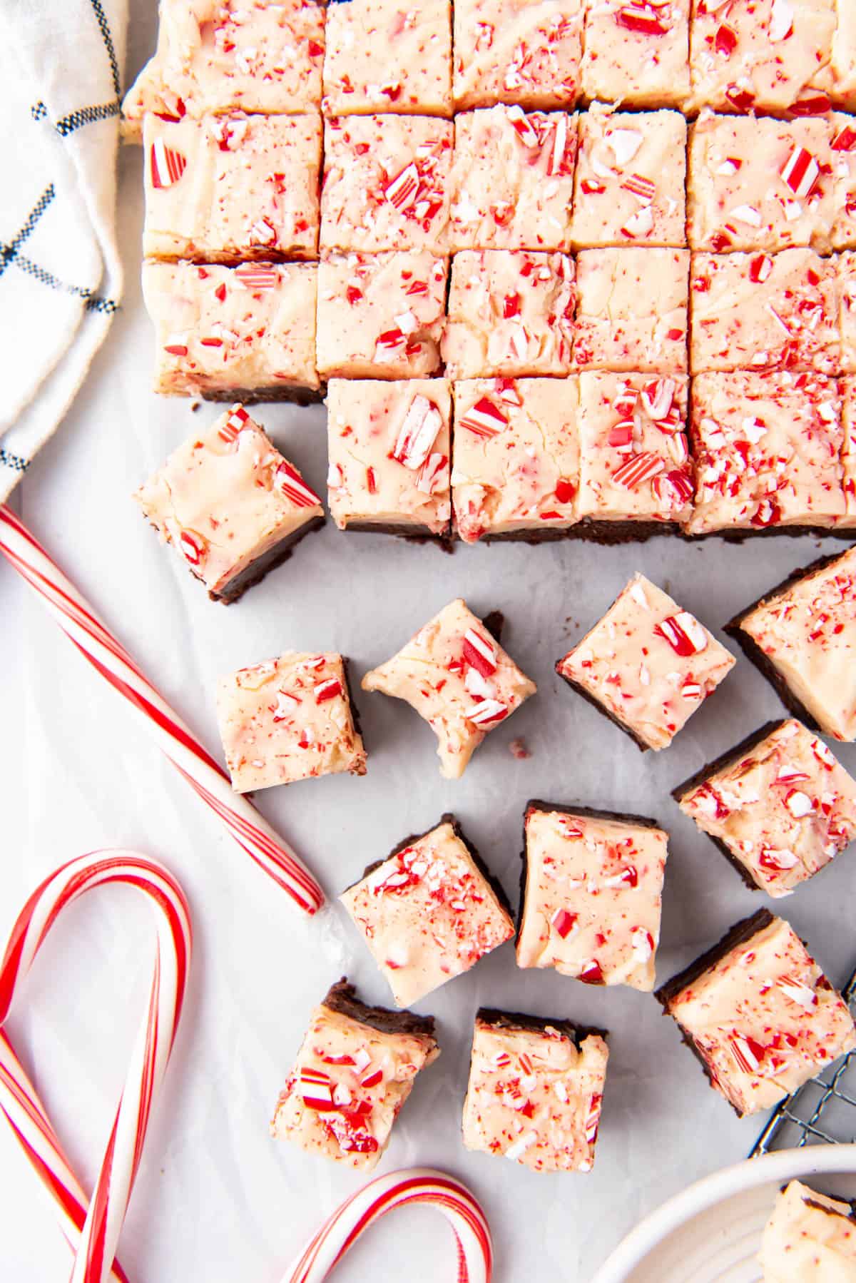 An overhead image of peppermint bark fudge squares.