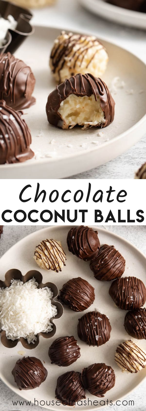 A collage of images of chocolate coconut balls with text overlay.