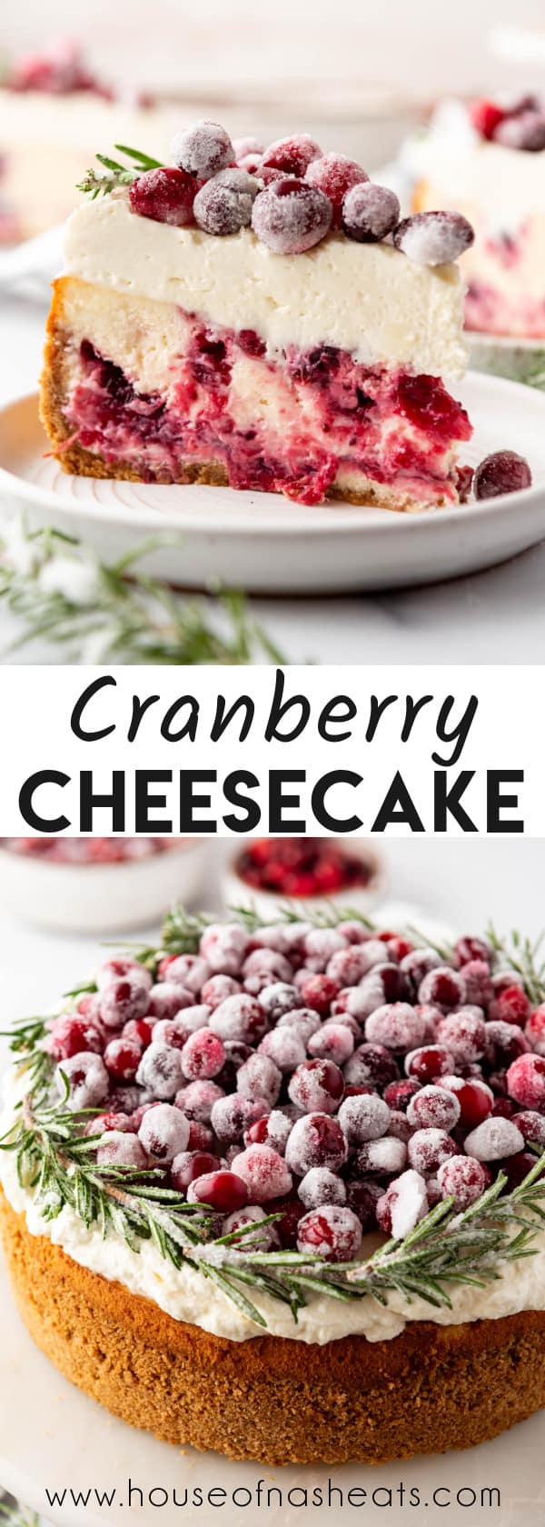 A collage of images of cranberry cheesecake with text overlay.