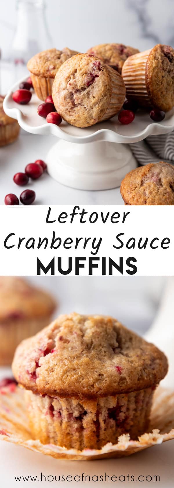 A collage of images of cranberry sauce muffins with text overlay.