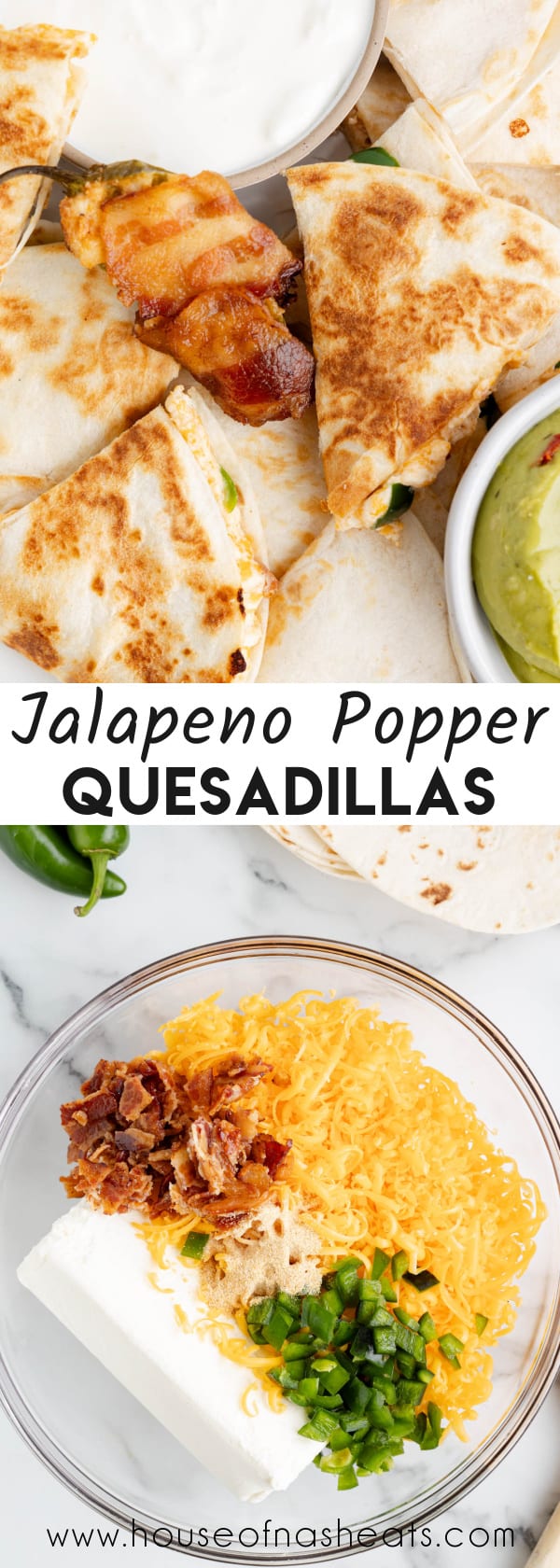 A collage of images of jalapeno popper quesadillas with text overlay.
