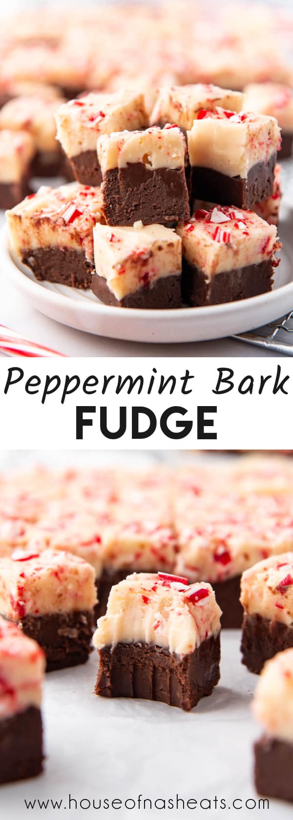 A collage of images of peppermint bark fudge with text overlay.