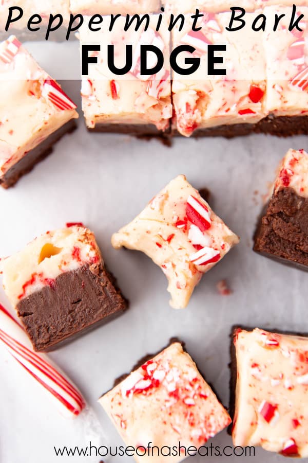 An overhead image of pieces of peppermint bark fudge with text overlay.