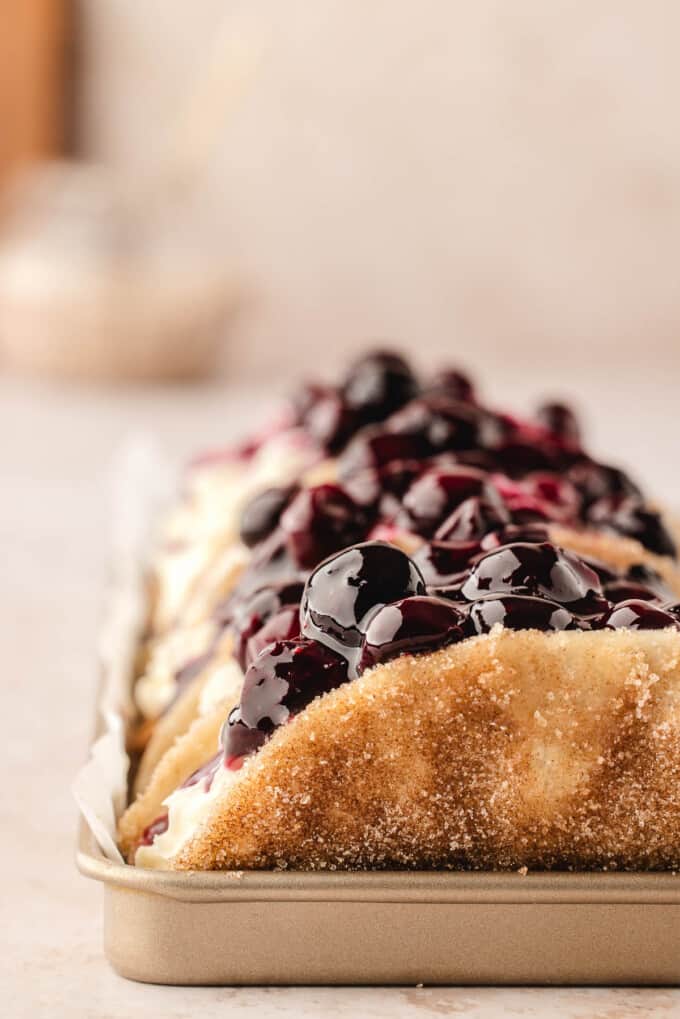 Crisp cinnamon sugar taco shells with cheesecake and blueberry filling.