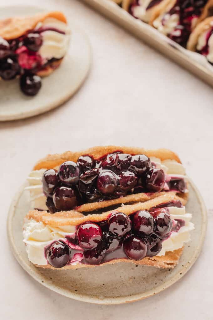 A plate with two blueberry cheesecake tacos.