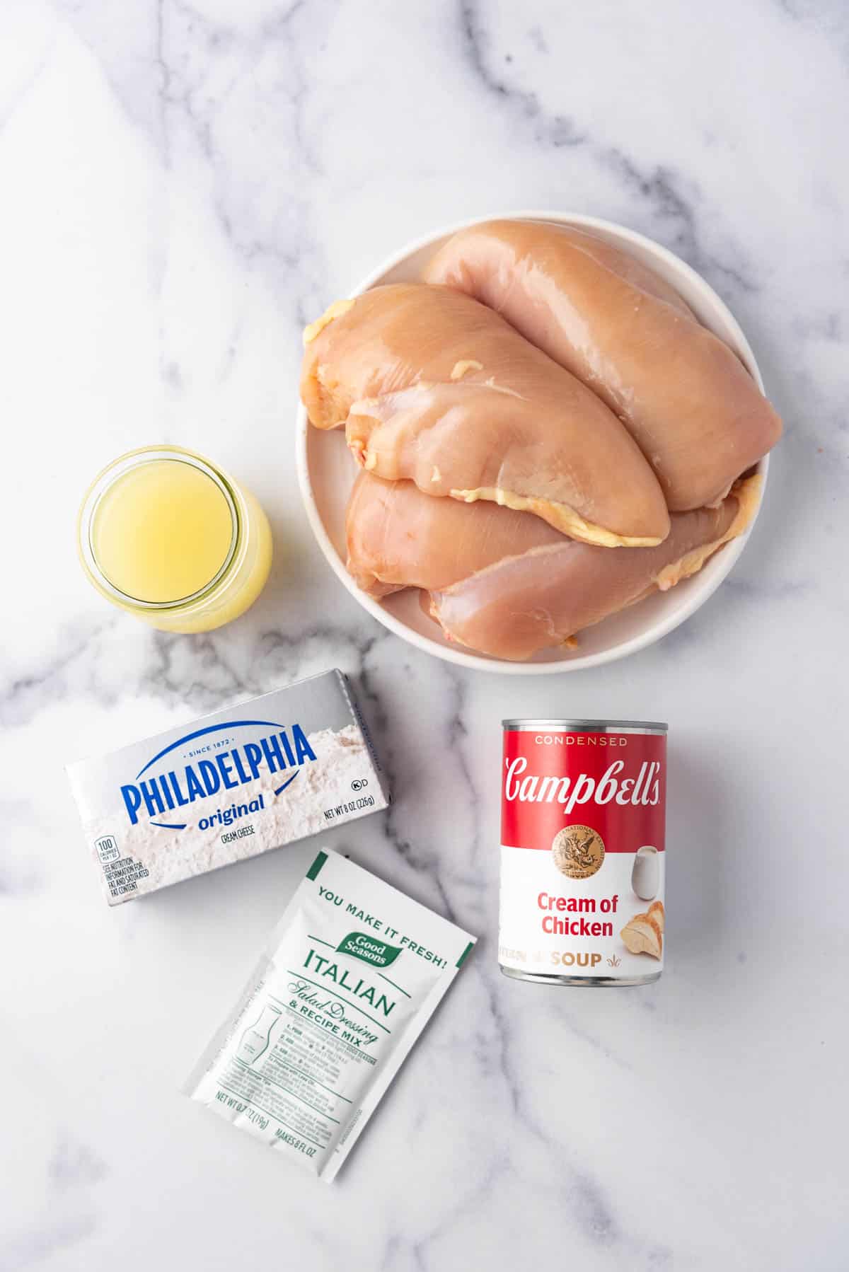 Ingredients for creamy crockpot Italian chicken.