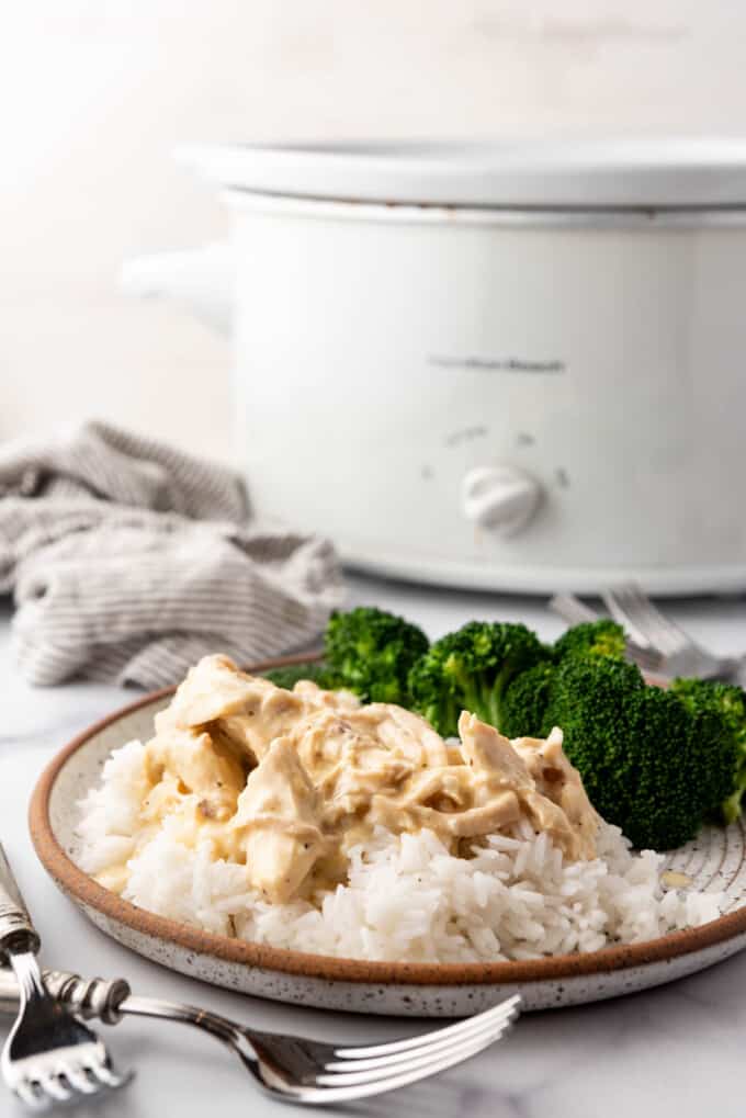 A plate of creamy Italian chicken in front of a white slow cooker.