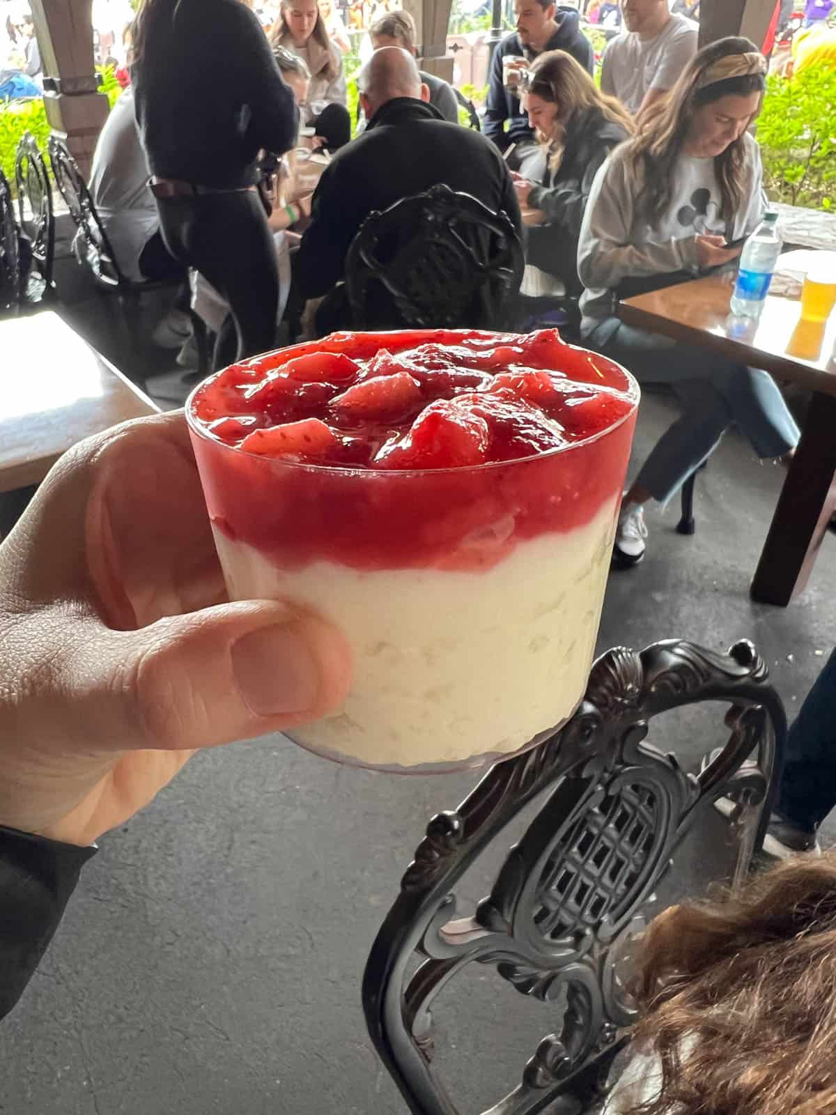 Rice cream with strawberry sauce in the Norway region at Epcot.