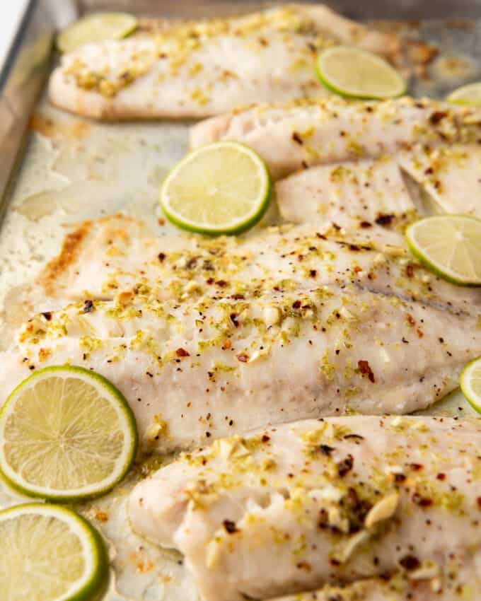 Baked tilapia filets with thinly sliced limes on a baking sheet.