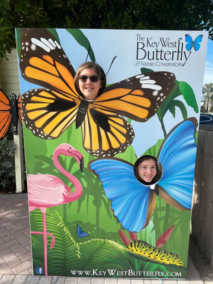 Two kids with their faces in a cut-out butterfly sign.
