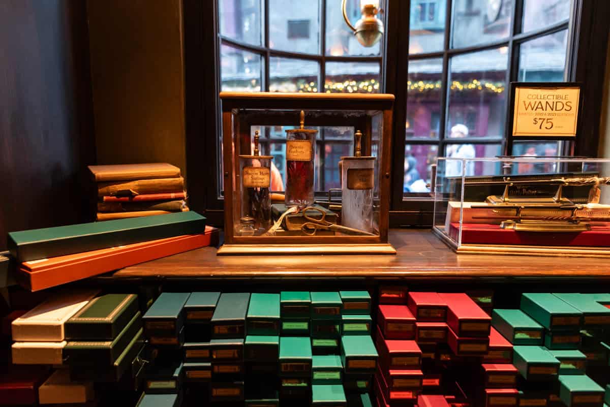 An image of wand boxes in Ollivander's wand shop.