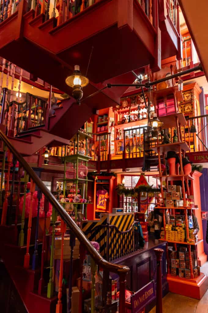 The inside of the Weasley's Wizard Wheezes store at Harry Potter World.